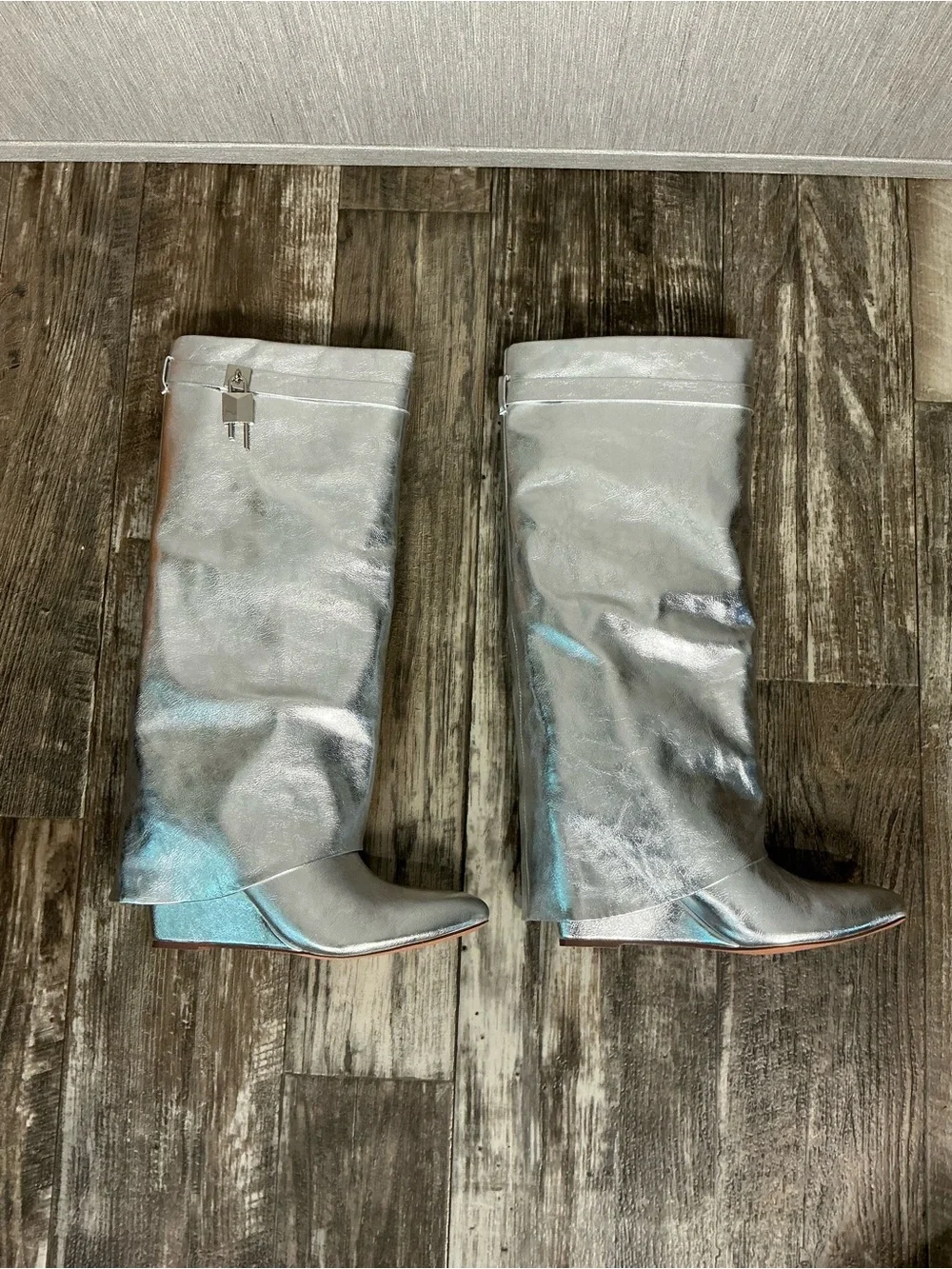 NWOB Fashion Nova Metallic Silver Knee-High Wedge Boots Size 9